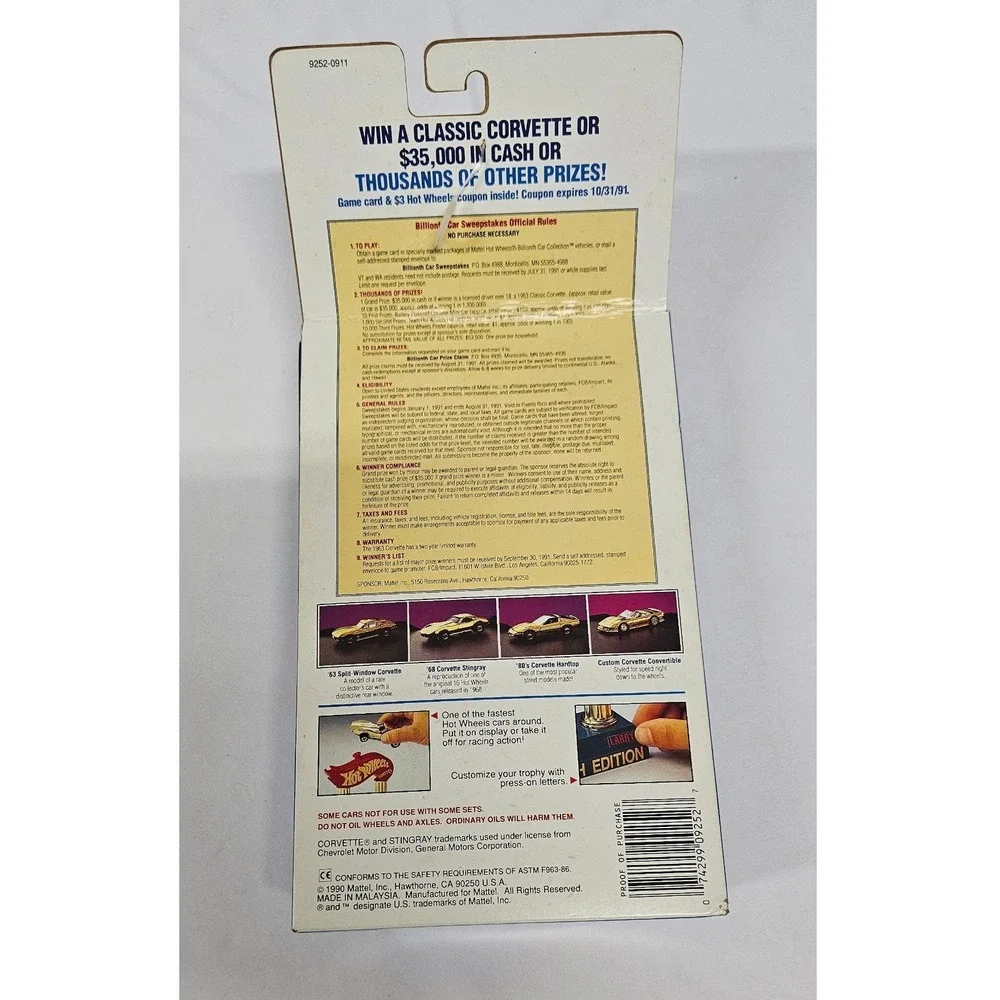 Hot Wheels Billionth Car 68 Corvette Stingray Gold Chrome Trophy Set 1990 9252